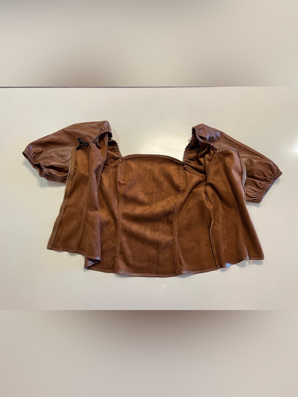 Marc New York Faux Leather Puff Sleeve Top Brown Chic Quiet Luxury 📐M - Picture 10 of 11